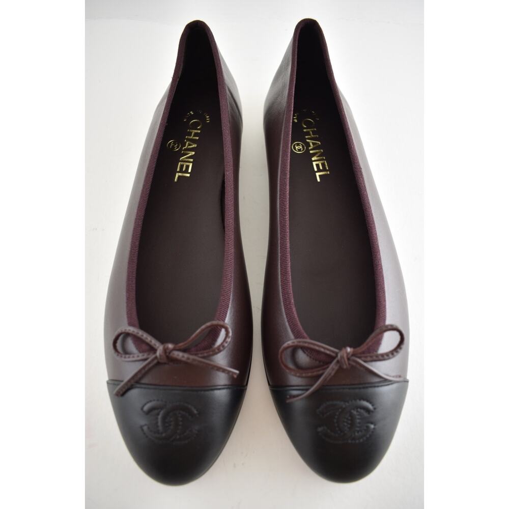 Chanel 26K Chocolate Dark Brown Black Lambskin CC Cap Ballet Ballerina Flat 37.5 - Picture 3 of 16